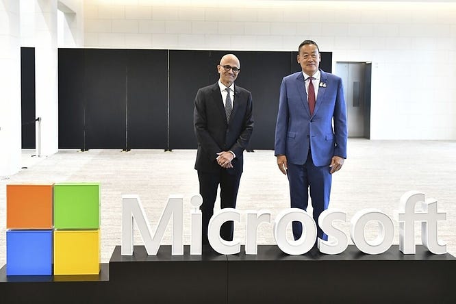 Satya Nadella, left, with Srettha Thavisin in Bangkok on May 1.Source: Thailand’s Government Spokesman Office/AP Photo