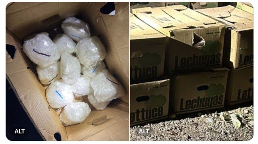 Bundles of methamphetamine found stored in "iceberg lettuce" boxes in Colony Ridge, Texas, on Feb. 12, 2024. Bundles of methamphetamine found stored in "iceberg lettuce" boxes in Colony Ridge, Texas, on Feb. 12, 2024.