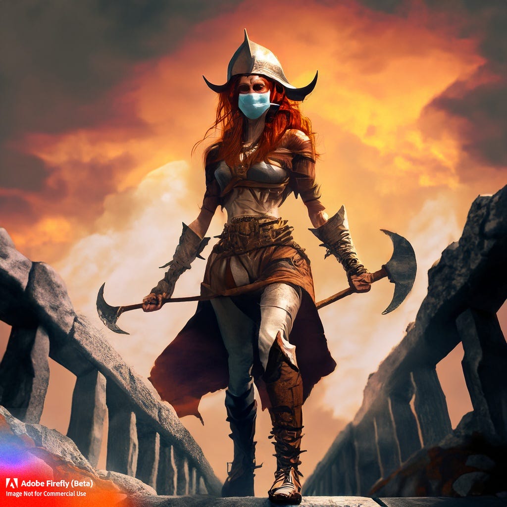 AI-generated fantasy image of a woman warrior wielding two axes, wearing a helmet and... a modern surgical mask.