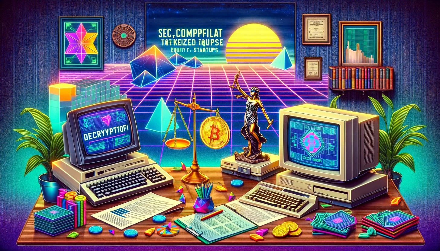 A 1990s retro style image portraying DeCryptoFi's initiative in offering SEC-compliant tokenized equity for startups. The scene includes elements reminiscent of 90s technology and design, such as vintage computers and vibrant, geometric patterns. The image illustrates the concept of startup financing through tokenization, with visual metaphors like digital tokens, scales of justice, and regulatory documents, reflecting the blend of blockchain technology and legal compliance. The overall aesthetic is nostalgic, capturing the essence of 90s tech and design while highlighting the innovative approach of DeCryptoFi in the financial technology sector.