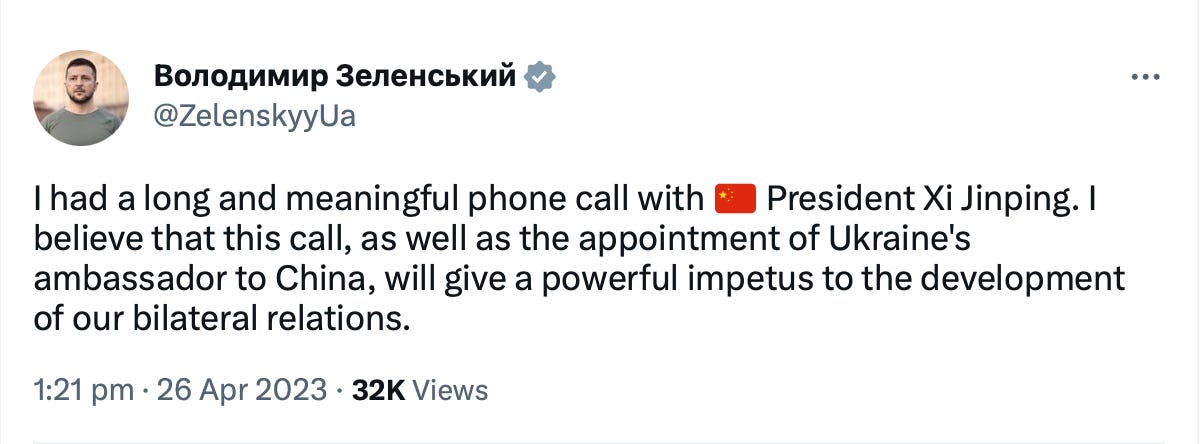 Володимир Зеленський: I had a long and meaningful phone call with 🇨🇳 President Xi Jinping. I believe that this call, as well as the appointment of Ukraine's ambassador to China, will give a powerful impetus to the development of our bilateral relations.