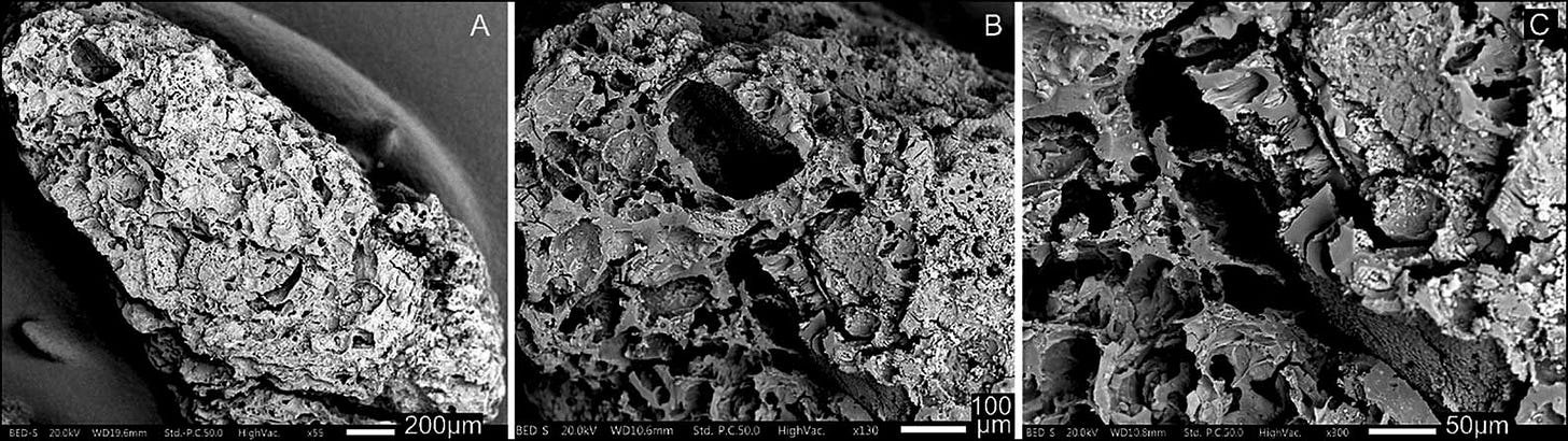 Three panels showing different magnification micrographs of charred mixture Three panels showing different magnification micrographs of charred mixture
