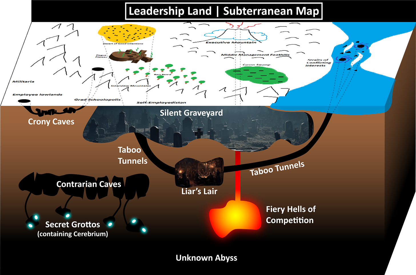 Cross-section not to scale. Subterranean features are subject to geology puns. Ask your volcanologist if this map is left for you (yes). Side effects may include claustrophobia, pyrophobia, thalassophobia, phasmophobia, spelunkephobia, phobophobia, and panphobia.