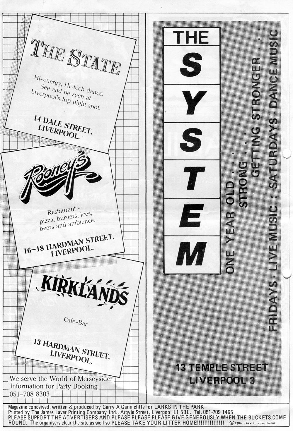 Page 8 of the programme, with adverts for The State, The System,  Rooney's and Kirklands.