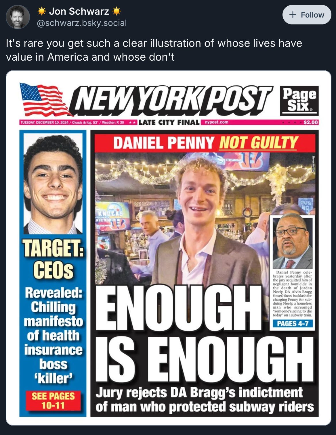 NY Post front page with Luigi Mangione and Daniel Penny