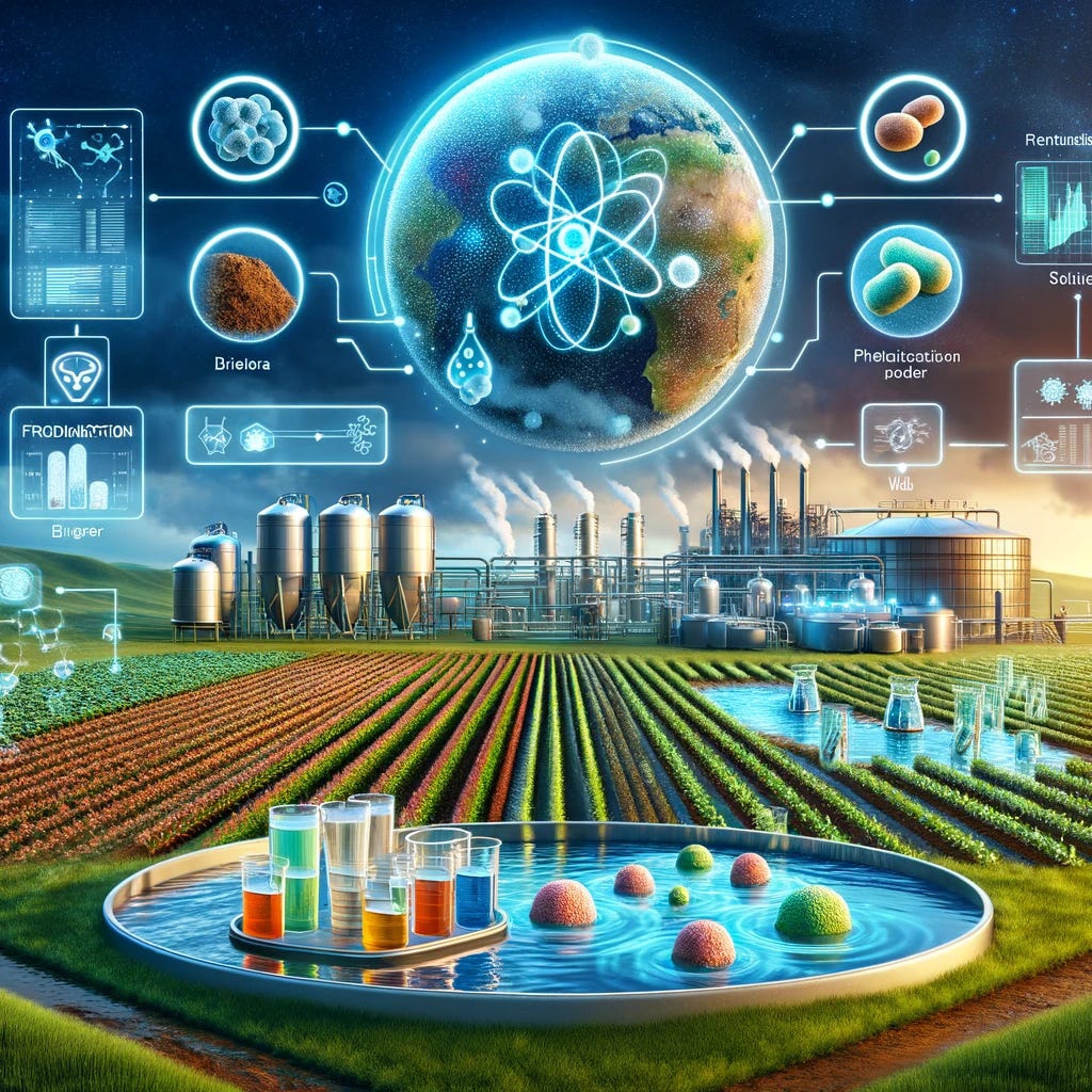 Visualize a futuristic agricultural setting showcasing the multifaceted applications of genetically modified bacteria (GMB). The scene includes a field with crops, where GMB is used as a bio-fertilizer and a protective agent against diseases like rice blight. There's also a water body and soil indicating real-time monitoring of quality, with bacteria engineered to change color or emit signals in response to heavy metals or toxins. Additionally, the image illustrates a fermentation process in a brewery or pharmaceutical setting, where GMB is used to enhance the taste, nutrition, and sustainability of products. Advanced monitoring equipment displays real-time data on pH, temperature, and nutrient levels, crucial for optimizing production efficiency and improving product quality. The overall scene encapsulates the role of GMB in the microbial food revolution, highlighting their contribution as a sustainable protein source and their impact on food security and environmental sustainability.