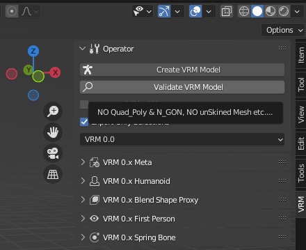 Blender VRM settings, Operator section, clicking in validate model.