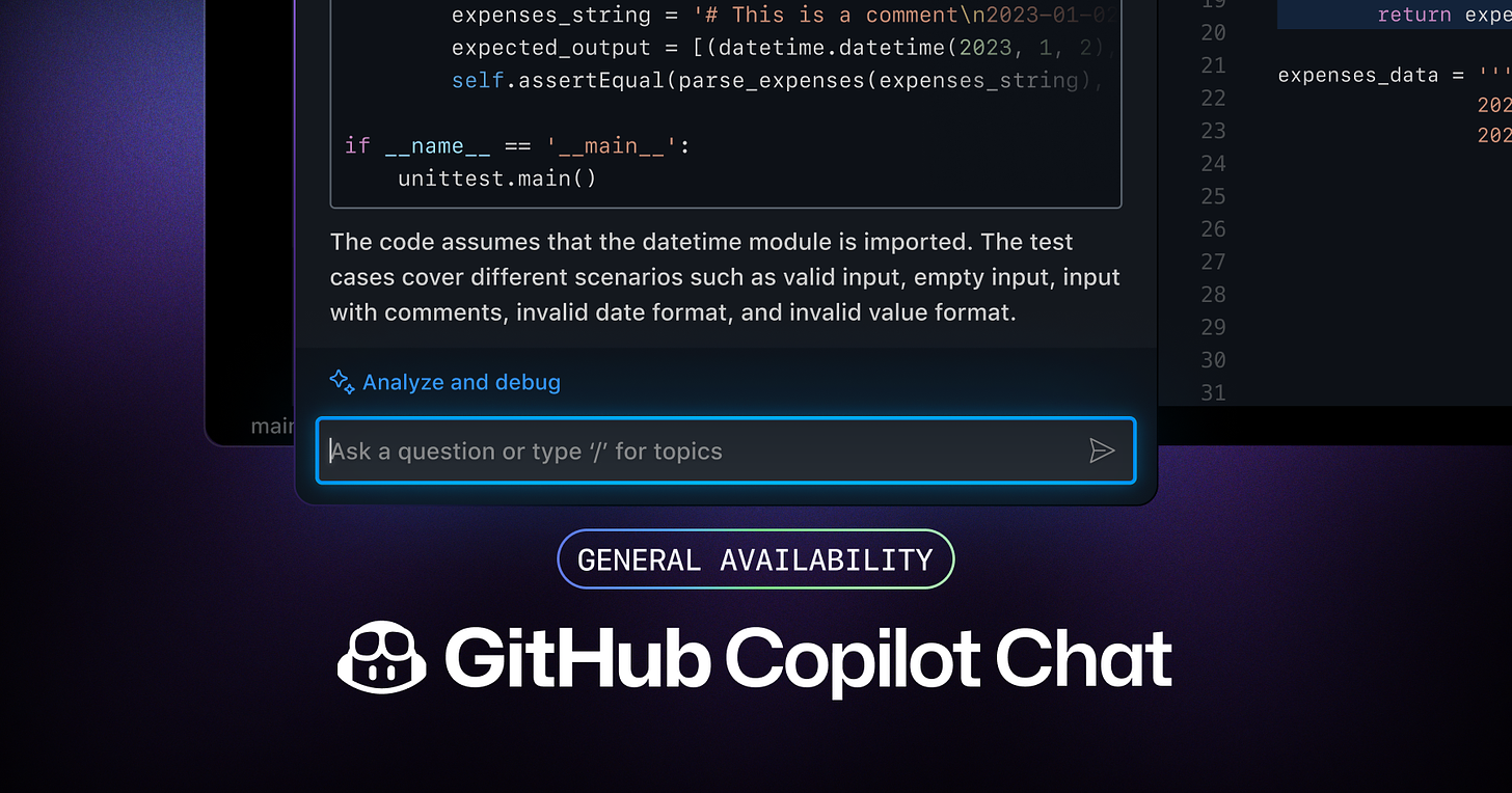 GitHub Copilot Chat now generally available for organizations and  individuals - The GitHub Blog