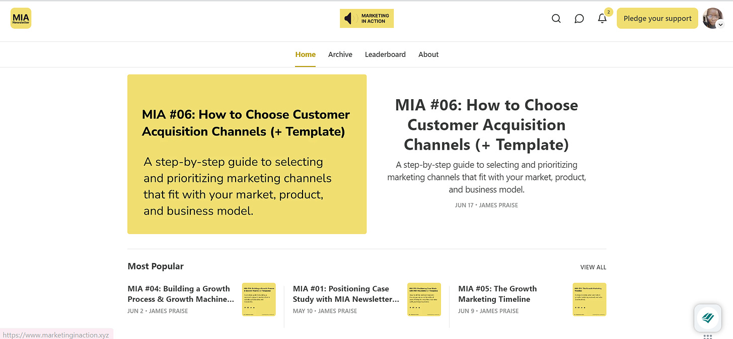 A screenshot of Marketing In Action's homepage on Substack
