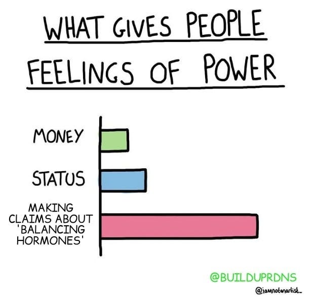 May be an image of text that says 'WHAT GIVES PEOPLE FEELINGS OF POWER MONEY STATUS MAKING CLAIMS ABOUT 'BALANCING HORMONES' @BUILDUPRDNS @jamnotenarlist.'