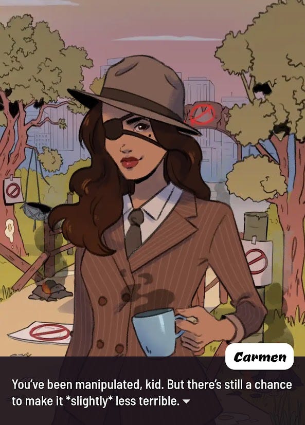 A Carmen Sandiego homage tells you that you've made a mess, but there's still a chance to make everything slightly less terrible.