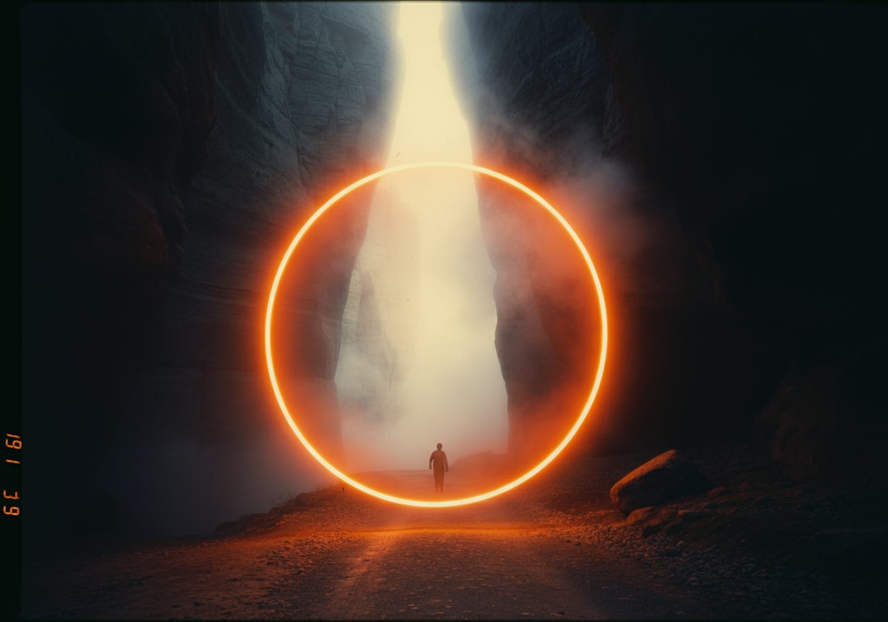 Person crossing an orange portal