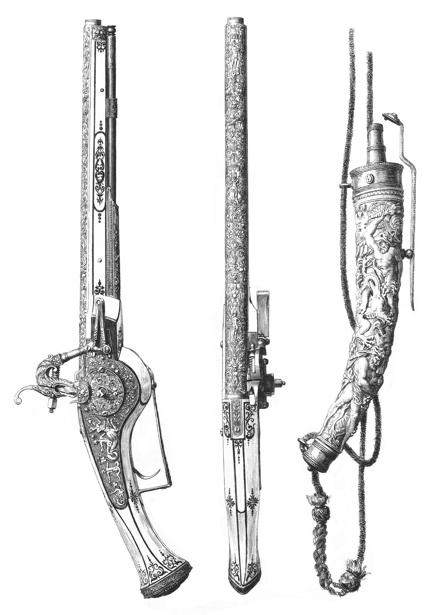 Black and white sketch of an ornate pistol, side view and top down, and a powder bag.