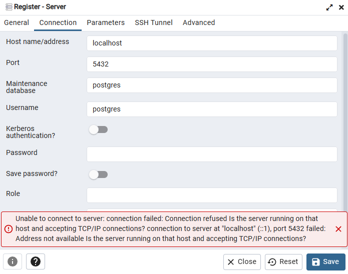 Connection tab of Register Server in PGAdmin4