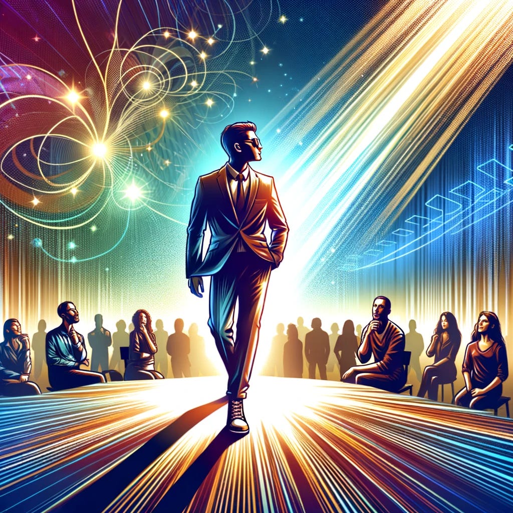 A dynamic and empowering illustration that captures the essence of taking the lead and demonstrating one's abilities. The image features a confident individual stepping forward into the spotlight, ready to showcase their skills or knowledge. Their posture and expression exude self-assurance and determination, symbolizing the transition from observer to leader. Behind them, a group of people watches in anticipation, representing those who are about to learn and be inspired by the individual's demonstration of expertise. The setting is vibrant and energetic, highlighting the moment of empowerment and the positive impact of sharing one's journey and lessons with others. This visual metaphor embodies the message of seizing the moment to lead and educate, emphasizing the transformative power of embracing one's potential to influence and guide.