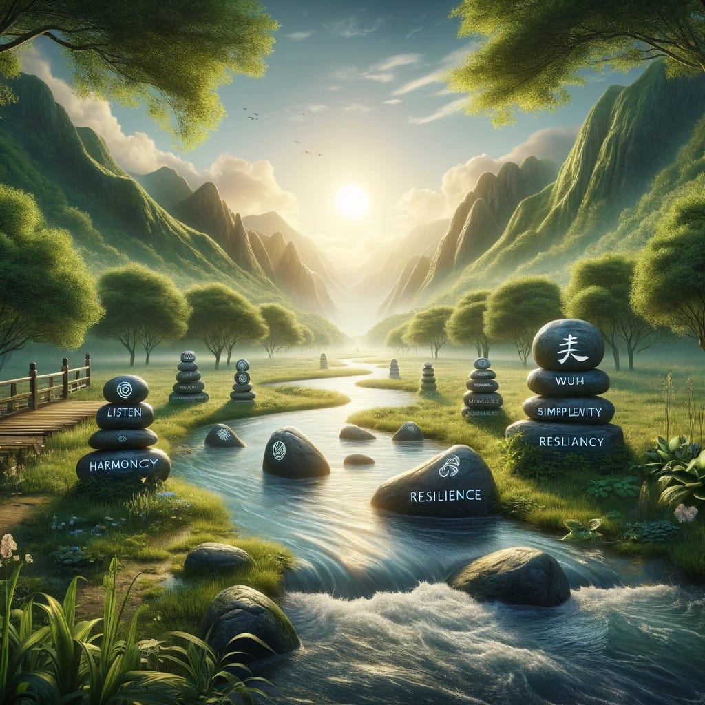 A serene landscape that embodies the principles of Taoism, blending elements of nature with symbols of sales and personal growth. Imagine a tranquil river flowing effortlessly through a lush, green valley, representing the concept of Wu Wei or effortless action. Along the riverbank, a path winds its way, symbolizing the journey of understanding and connecting with clients. Scattered along this path are stones, each engraved with Taoist symbols and words like 'Listen', 'Simplicity', 'Harmony', and 'Resilience', reflecting the key teachings applied to sales. The sun gently rises, casting a warm, illuminating light over the scene, symbolizing enlightenment and success achieved through harmony and simplicity. This landscape merges the tranquility of nature with the dynamic world of sales, showcasing how ancient wisdom can guide modern practices.