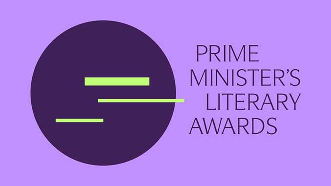 A light purple background with a dark purple circle with green lines next to dark purple text that says Prime Minister's Literary Awards.