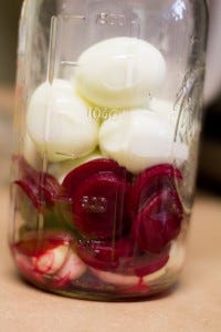 Eggs and beets in a jar. 