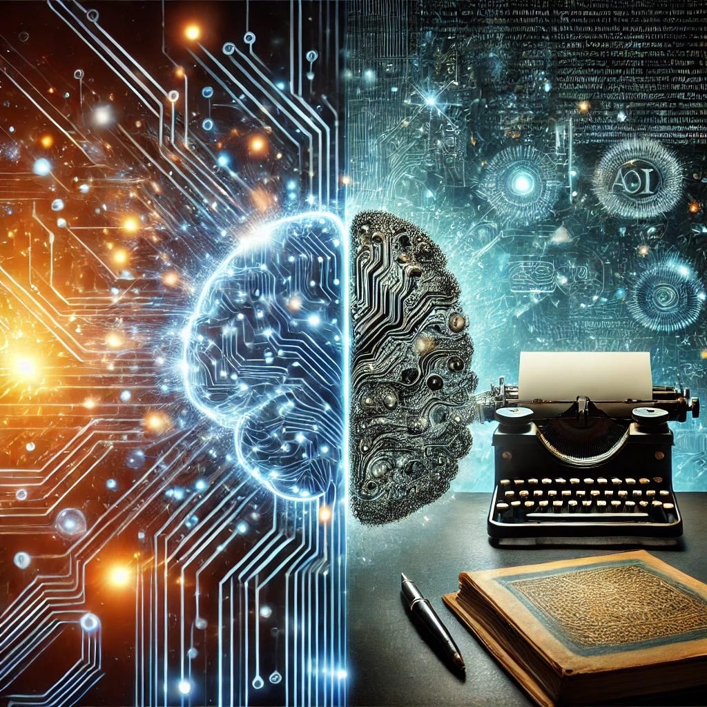 A visually striking image representing a debate on the future of AI. On one side, a glowing digital brain composed of circuitry and data streams, symbolizing the potential of generative AI. On the other side, a typewriter or a book symbolizing critique and thoughtful analysis. In the background, contrasting themes of light and shadow, representing the uncertainty and differing perspectives about AI's future. The overall mood is intellectual, futuristic, and engaging.