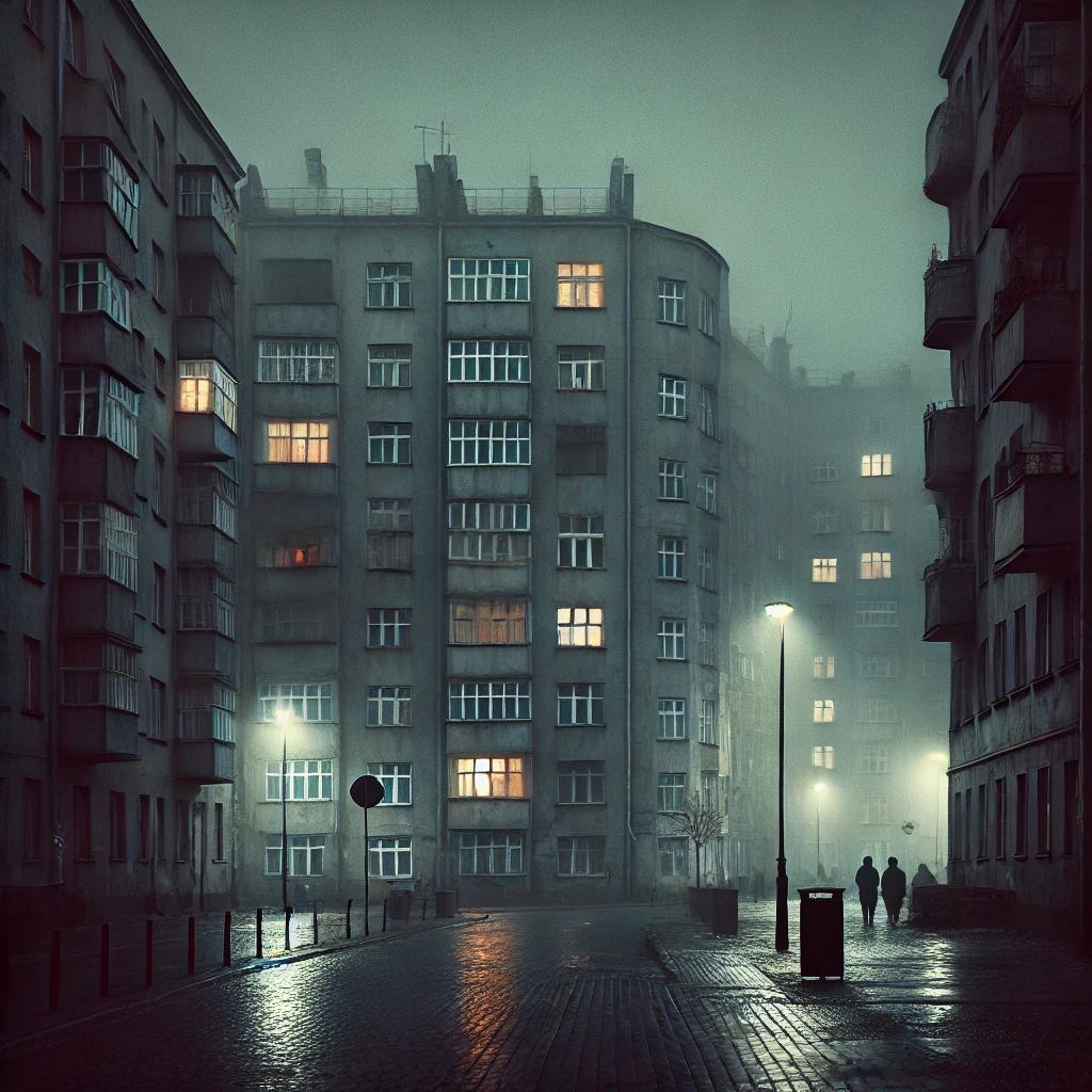 A dreary nighttime scene in communist-era Warsaw, featuring a dimly lit street with old Soviet-style apartment buildings. The buildings are tall and grey, with a brutalist architectural style, showing signs of wear and decay. Random apartment windows are illuminated, casting a soft, uneven glow that contrasts with the otherwise dark and gloomy atmosphere. The wet cobblestone streets reflect the sparse light, and a light mist hangs in the air, adding to the somber mood. A few shadowy figures are walking, bundled up against the cold, creating a quiet, eerie feeling of a city under nightfall during a cold, dark era.