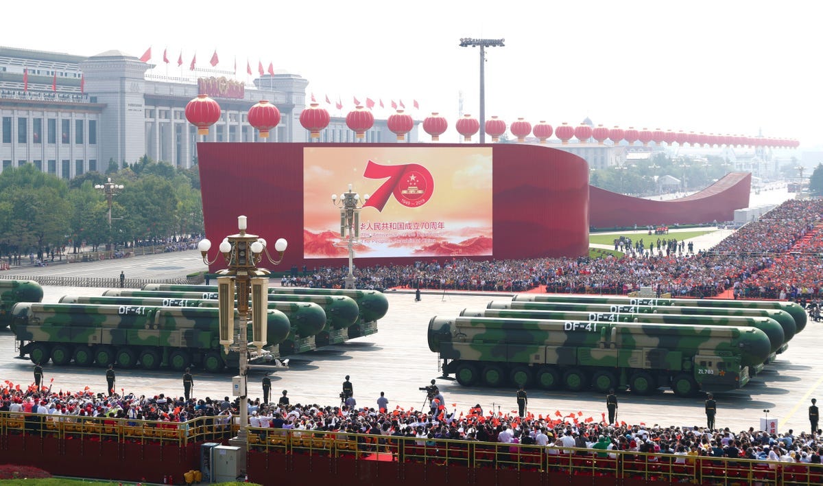 A formation of Dongfeng-41 intercontinental strategic nuclear missiles takes part in a military parade celebrating the 70th anniversary of the founding of the People's Republic of China in Beijing.