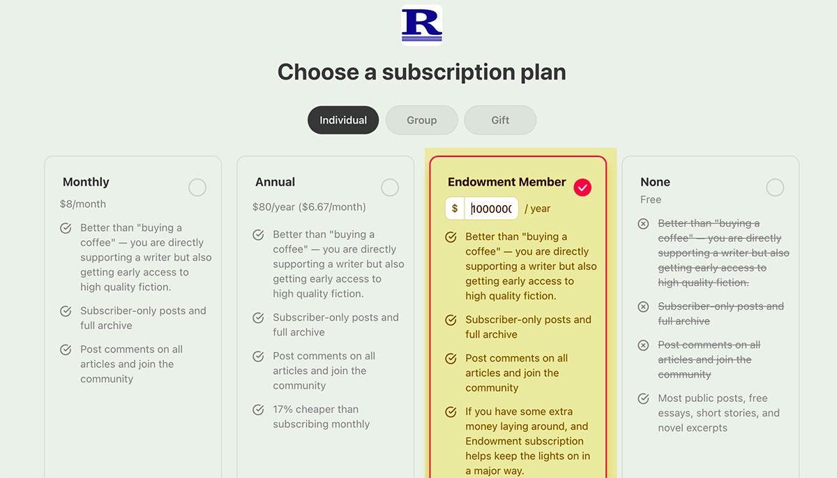 Screenshot of Ruminato subscription plan with an emphasis highlighted in yellow on the Endowment option