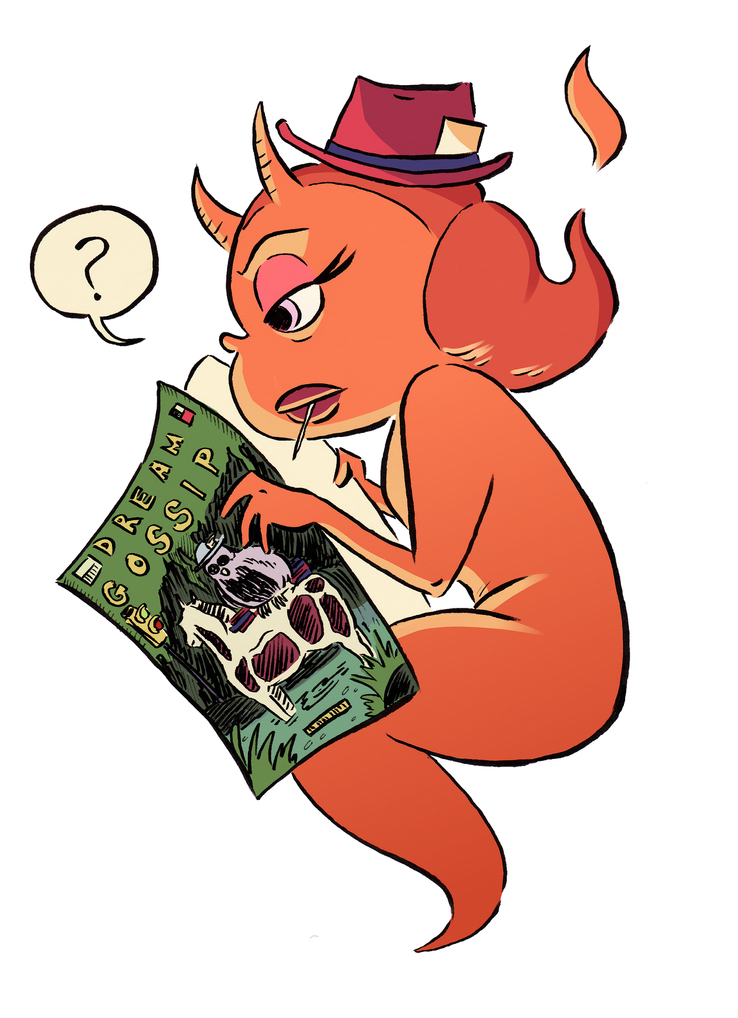 Evie, a cute girly devil with a hat and a toothpick in her mouth, reads a gossip magazine. There's a speech bubble next to her with a question mark.