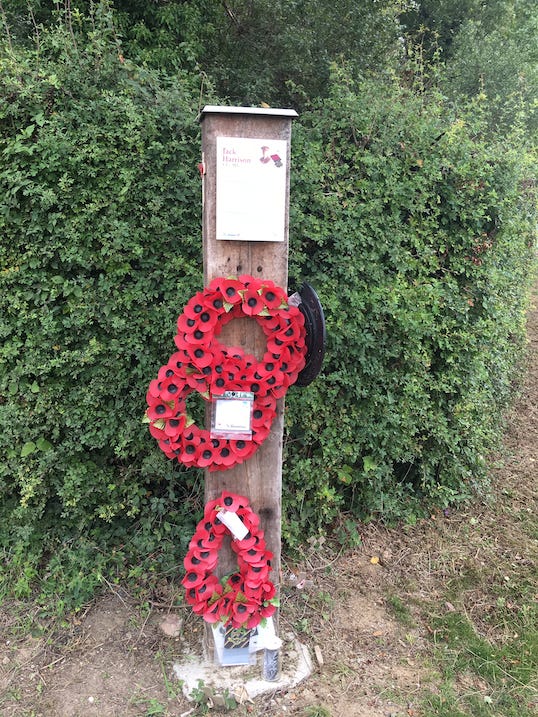 Photo by Author — poppies on a memorial to Jack Harrison VC, MC — Arras, France