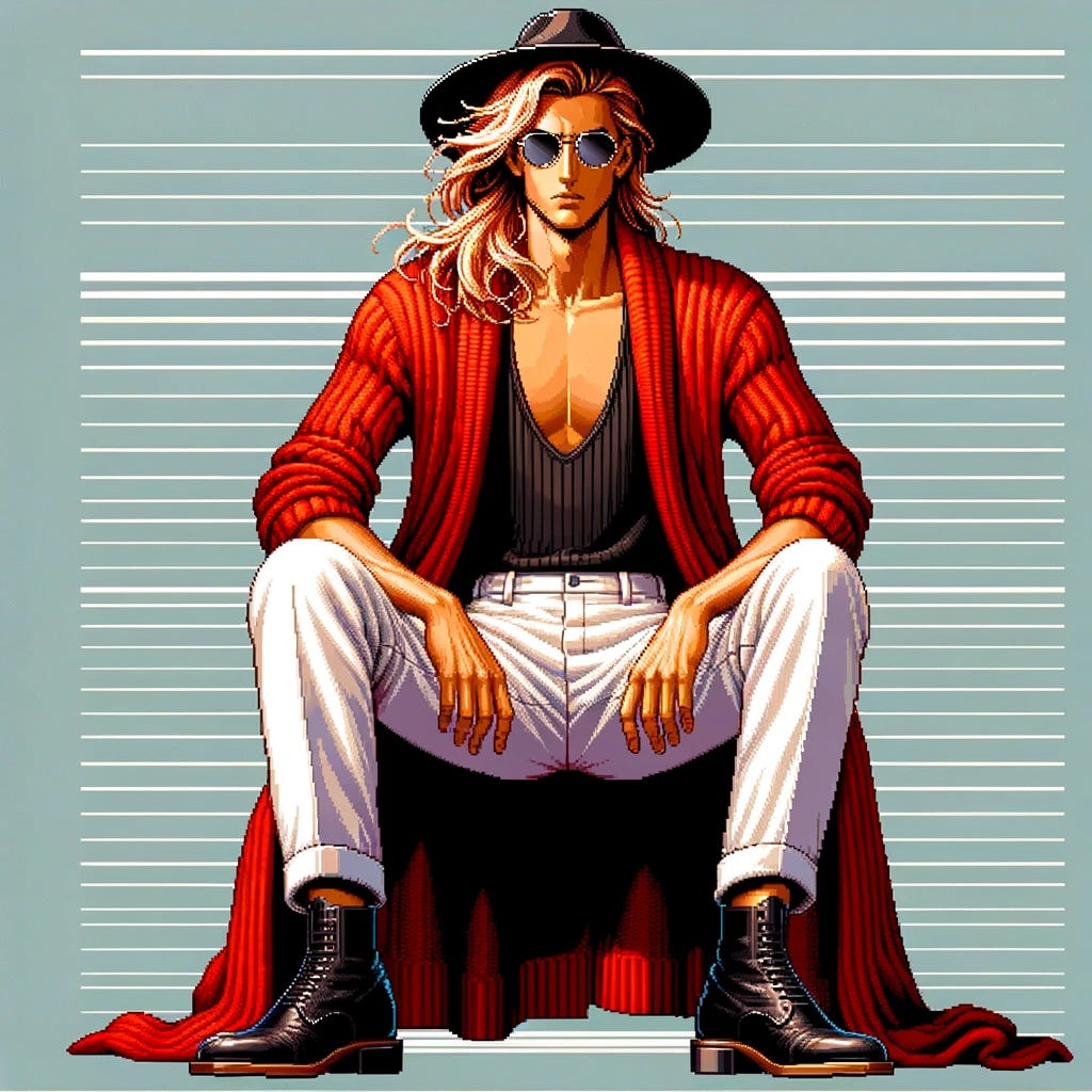 Create an image in a Neo-Geo arcade game style, featuring a stylish and elegant man with red-blonde long hair, high cheekbones, and an angular jawline. He should wear a long crimson red open-front cashmere cardigan sweater, a fine-ribbed cotton black tank top tucked into sleek, non-pleated white mohair trousers, and stylish black Italian calfskin low-heeled boots. He must be accessorized with movie star sunglasses and a wide-brimmed dark hat. The image should have the vibrant, dynamic aesthetic typical of Neo-Geo arcade games, with bold colors and a retro, video game-like appearance.