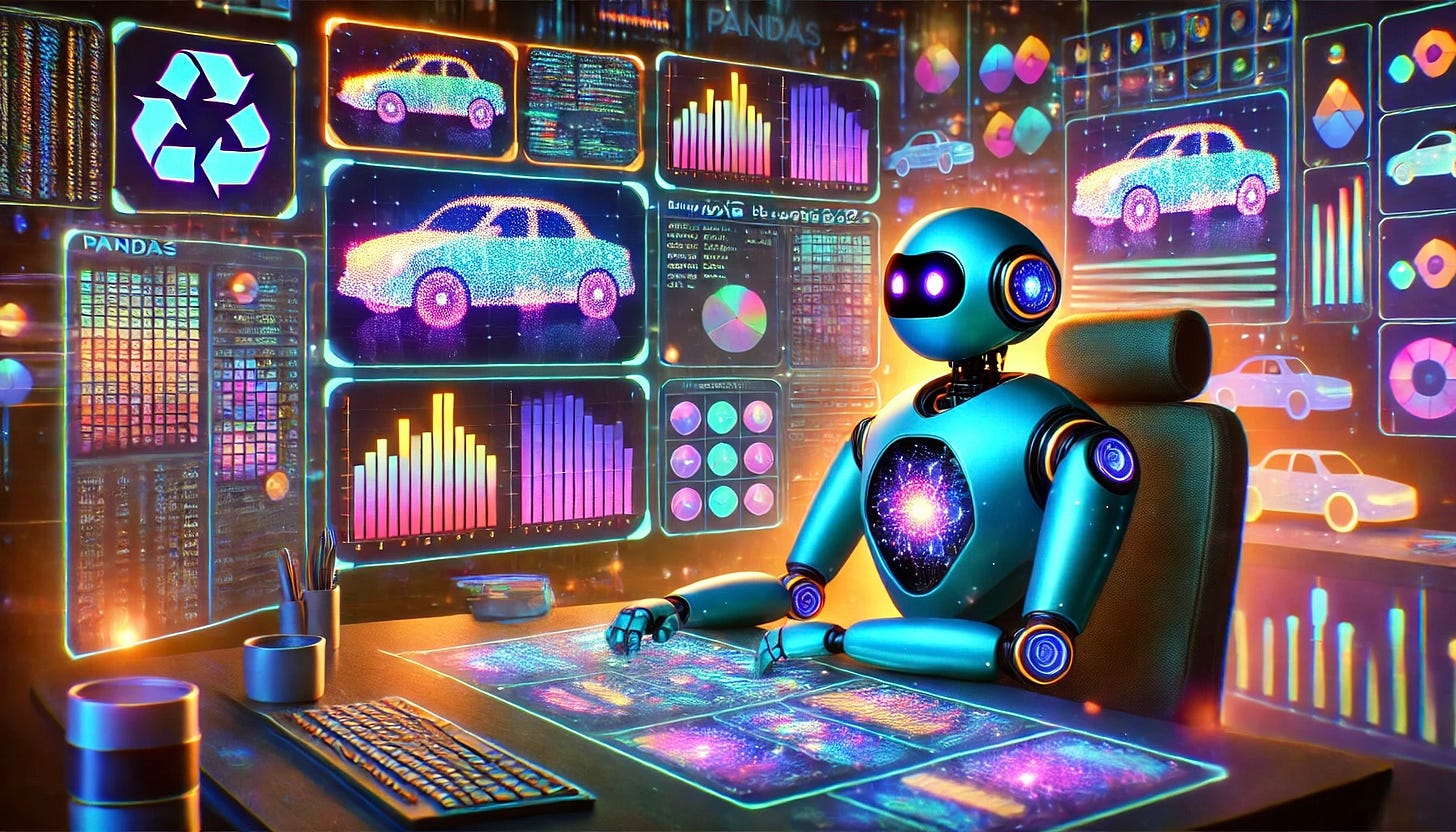 An AI Robot sitting in front of a desk typing on a touch screen connected to the desk, looking at screens with charts, tables, graphs and car images.