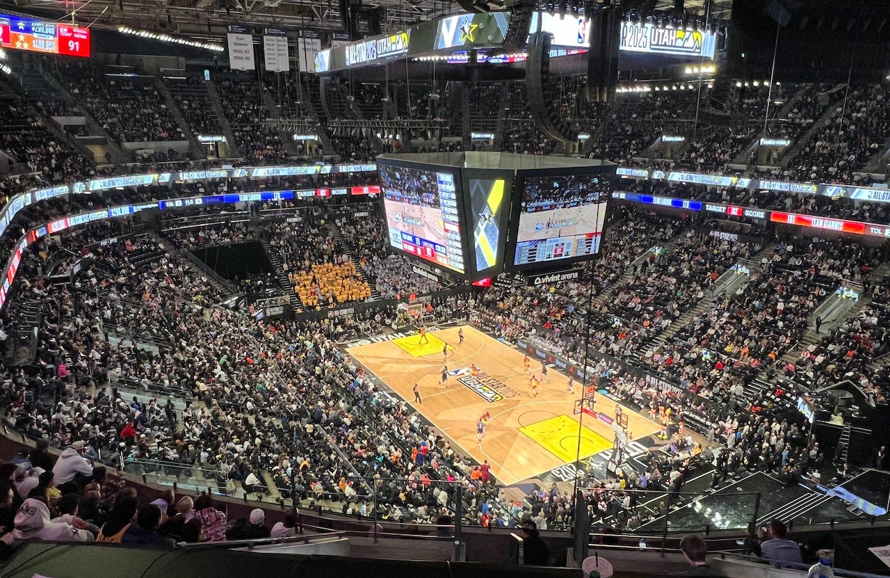 Wide shot of a sold out Vivint Arena for the All-Star game.