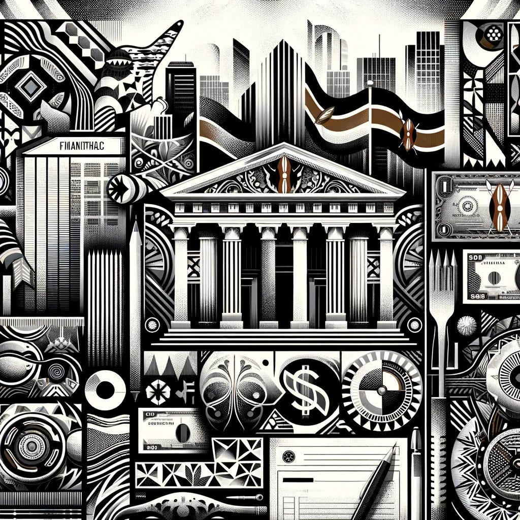 Create an abstract and symbolic black and white illustration inspired by themes similar to those Diana Ejaita might explore, representing Kenya's decision to refinance a $2 billion bond. The image should include stylized elements such as financial documents, bonds, and abstract symbols that suggest strategic financial planning, growth, and stability. Incorporate monochromatic patterns and textures that evoke a sense of cultural depth and complexity, reminiscent of the richness of African art. The composition should subtly hint at Kenyan culture or landmarks, focusing on the essence of strategic financial decisions in a sophisticated manner, using shades of black, white, and gray to convey depth and emphasis.