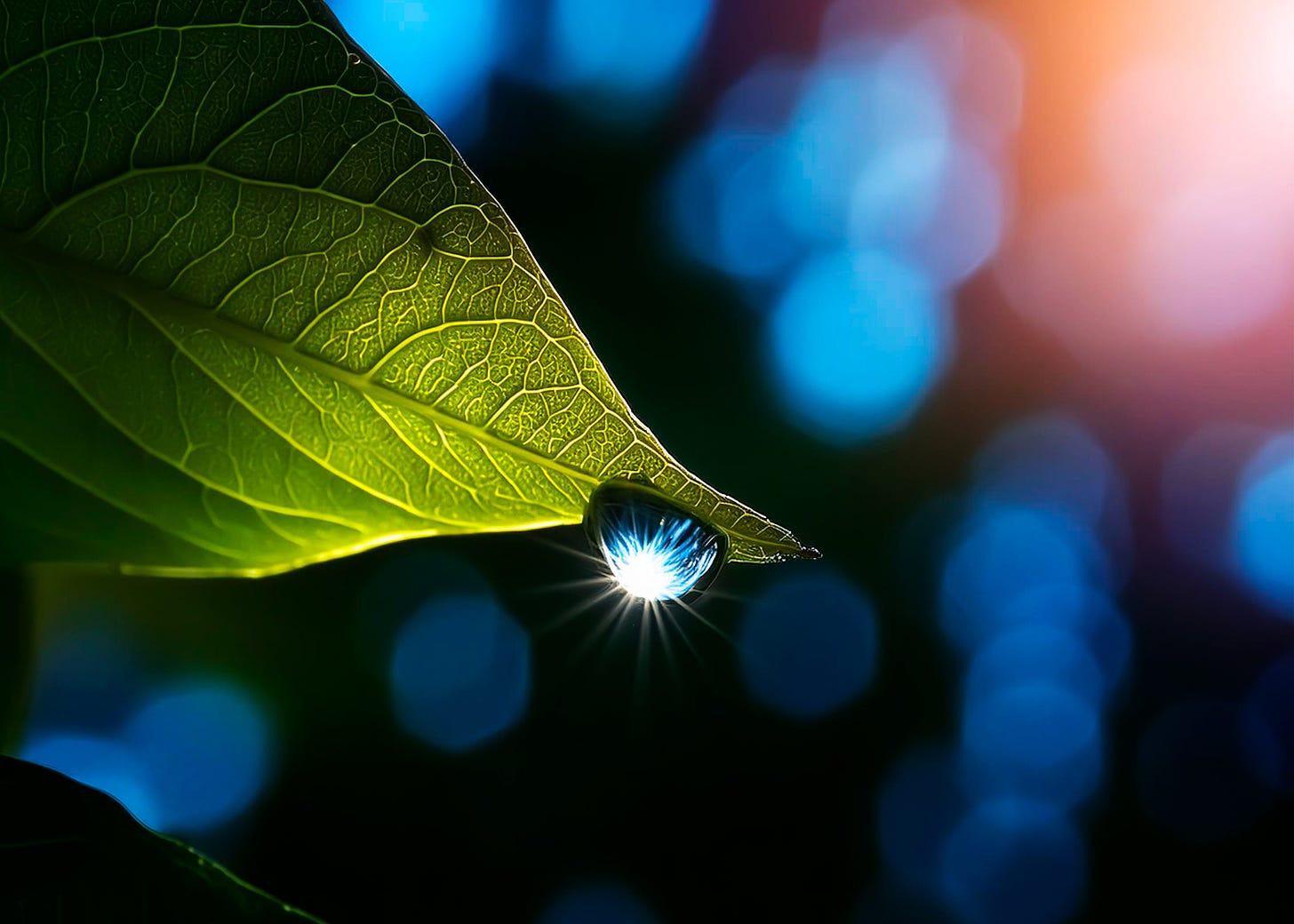 macro image of sunlit green leaf with surreal dewdrop reflecting starry sky on dark blue bokeh background