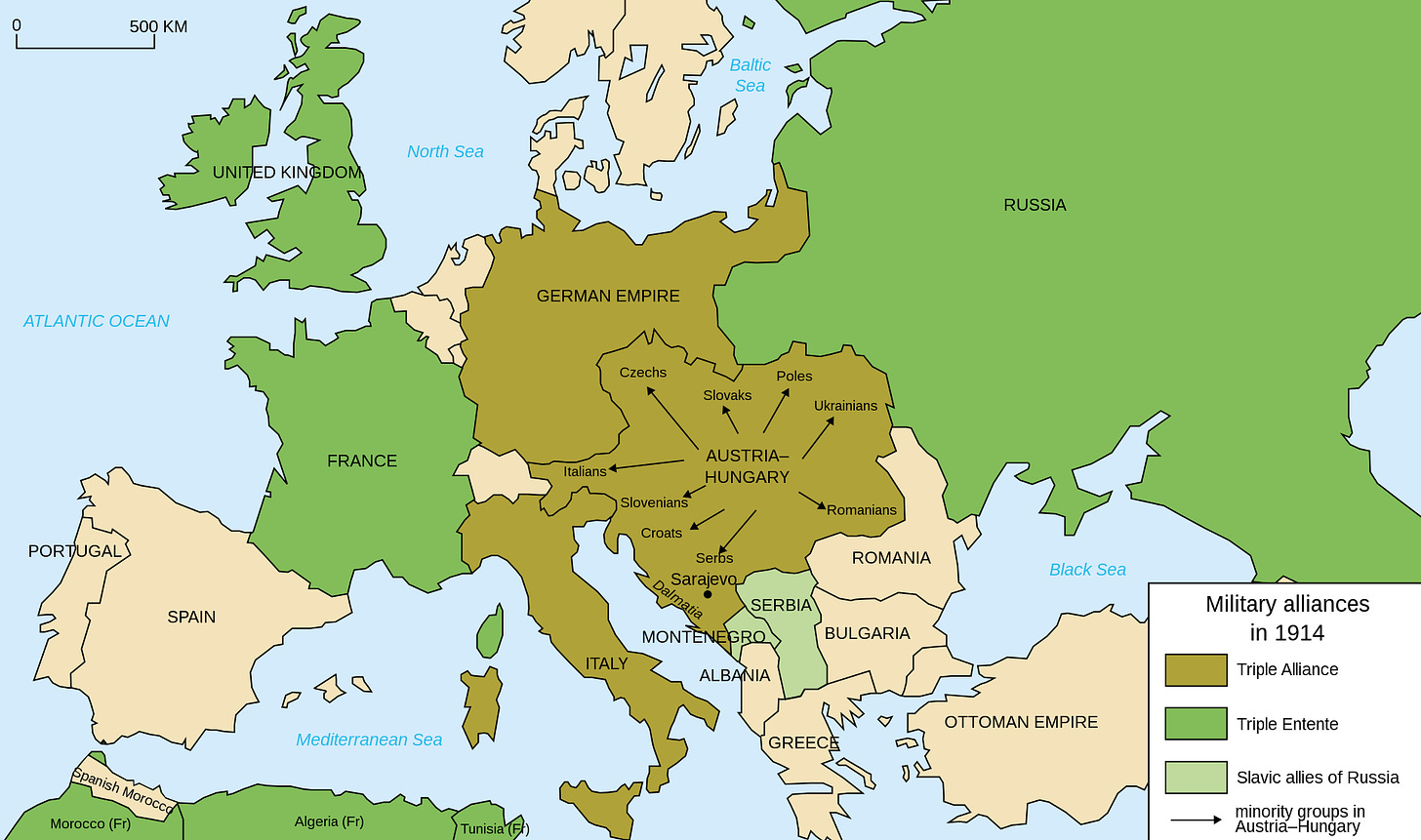 The Triple Entente (green) and the Triple Alliance (brown) in 1914:  United Kingdom  France  Russia