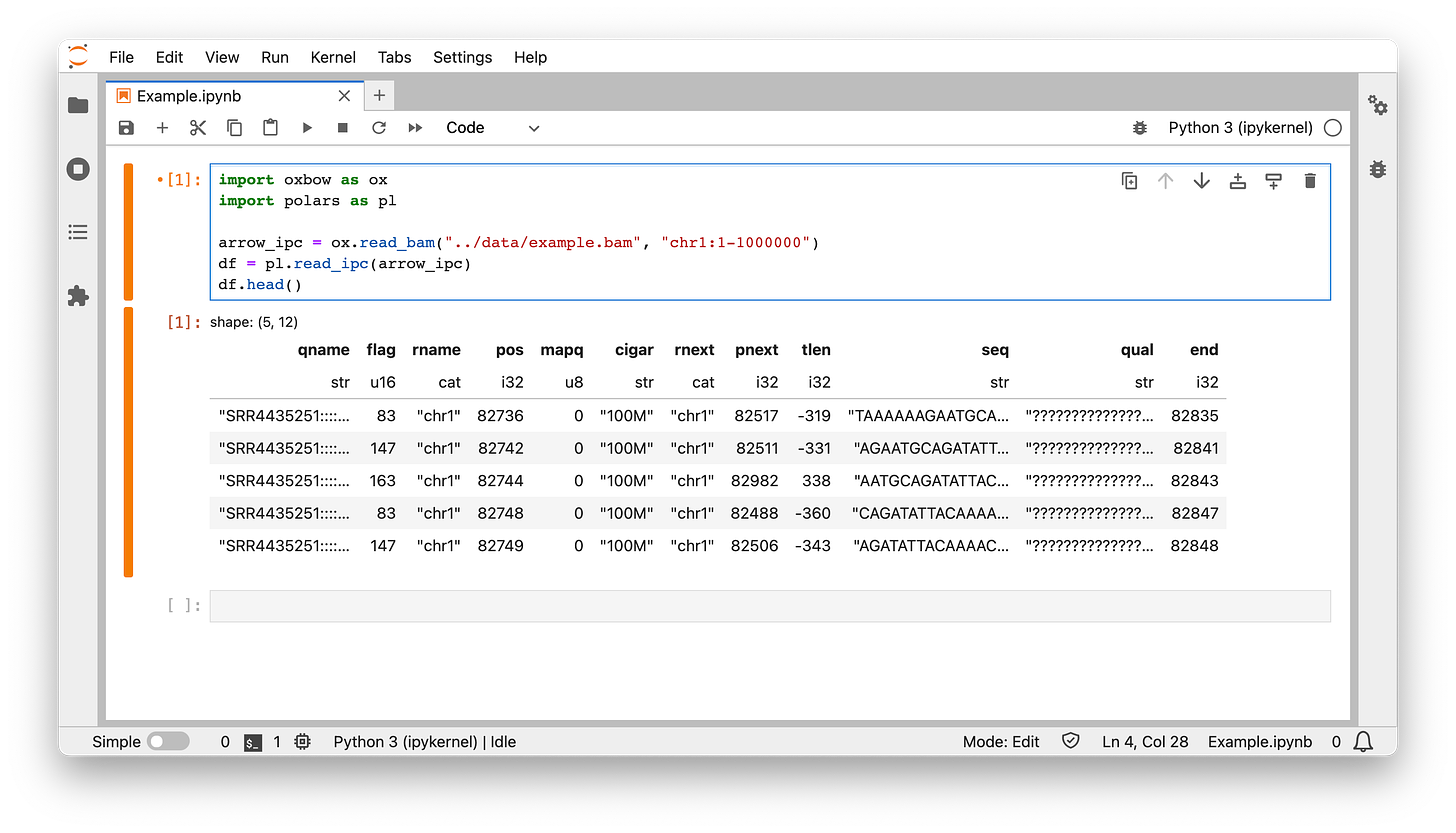 Python Jupyter Notebook loading a BAM file as a data frame using oxbow.