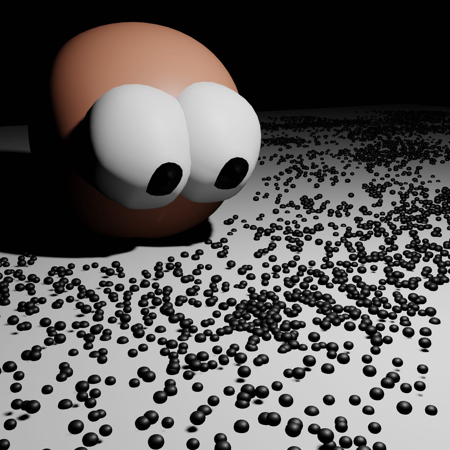 A skin-coloured blob with eyeballs, staring at the floor, which is covered with a bunch of black specks. 