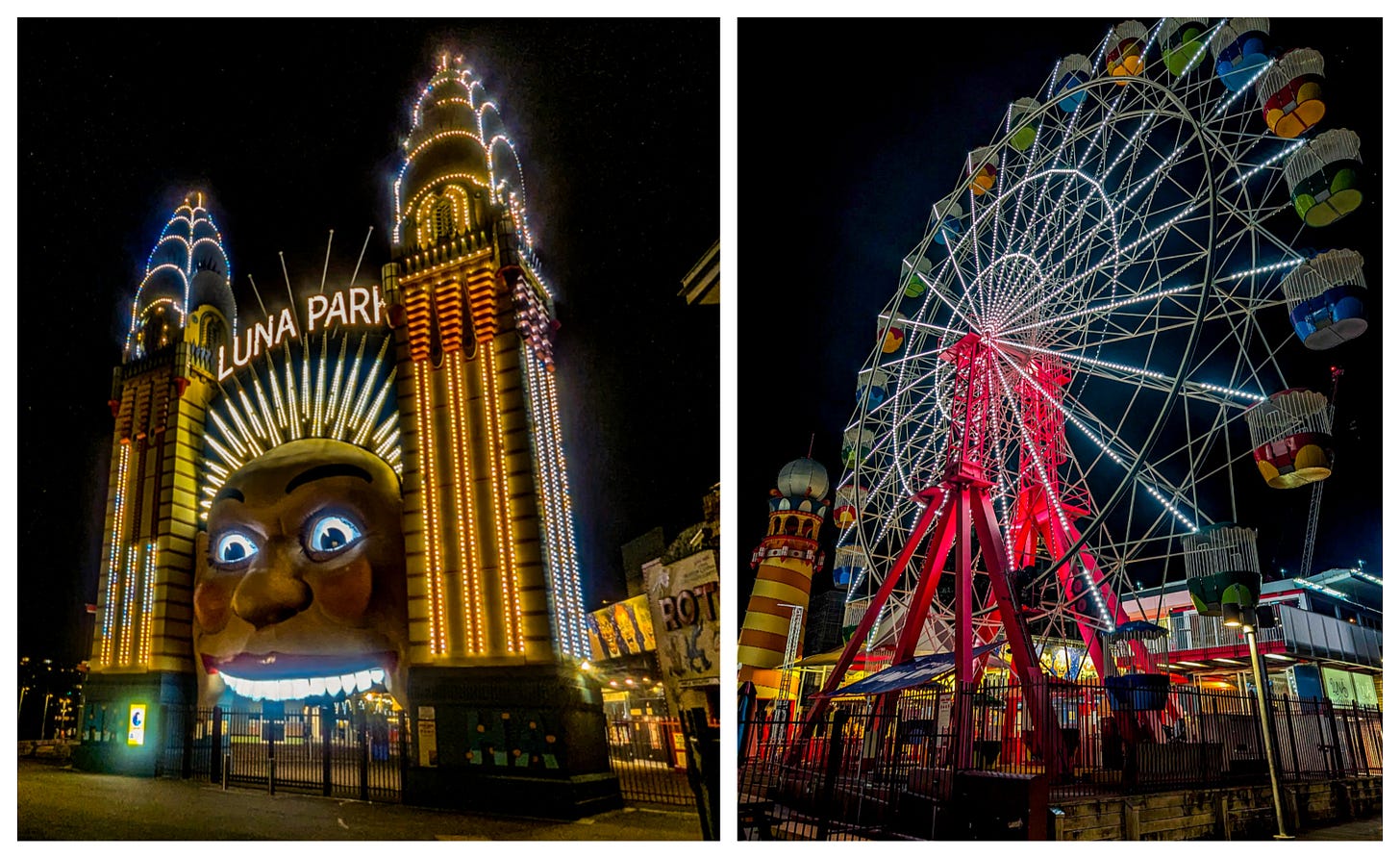 Photo on left shows entrance to Luna Park through the smiling face lit up at night; photo on the right shows the ferris wheel lit up at night. 