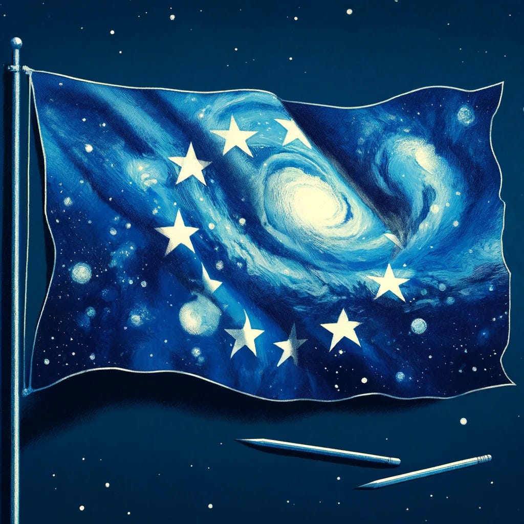 A creative drawing that combines elements of the European flag with space exploration themes. The flag is represented with a deep blue background and white stars, but the stars are stylized as distant galaxies and nebulae. The flag waves against a backdrop that resembles the night sky filled with stars, giving a sense of depth and exploration. The drawing should invoke the vastness of space and the spirit of discovery, using only shades of blue and white, maintaining a serene and abstract aesthetic.