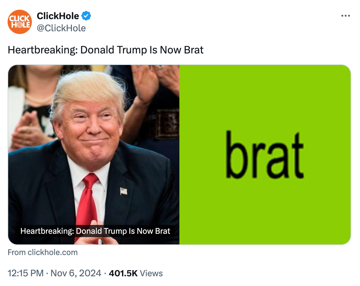 Clickhole tweet reading "Heartbreaking: Donald Trump Is Now Brat"