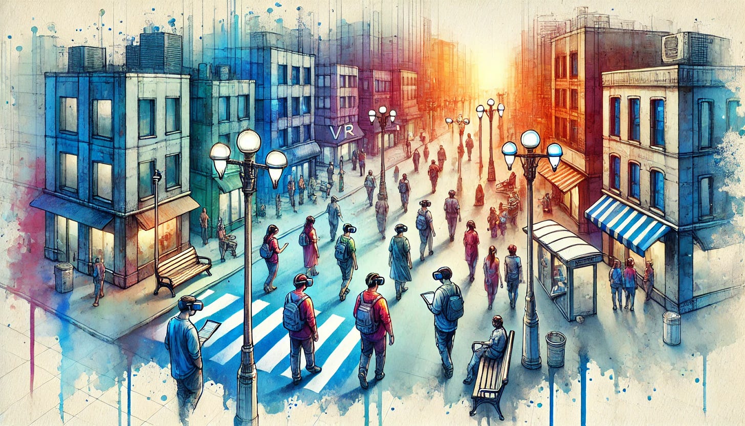 An ultra-detailed 8K watercolor painting of people walking down a street, all wearing futuristic VR glasses. The scene is in an isometric perspective with vibrant contrasts and smooth blending of vivid colors. The people are deeply immersed in their VR experiences, and the street is full of details such as buildings, lampposts, trees, and benches. The watercolor style enhances the vibrancy and fluidity of the scene, with rich blues, oranges, and subtle transitions between the colors. The environment feels dynamic, with a mix of modern and artistic urban features, maintaining the soft, vivid aesthetic.