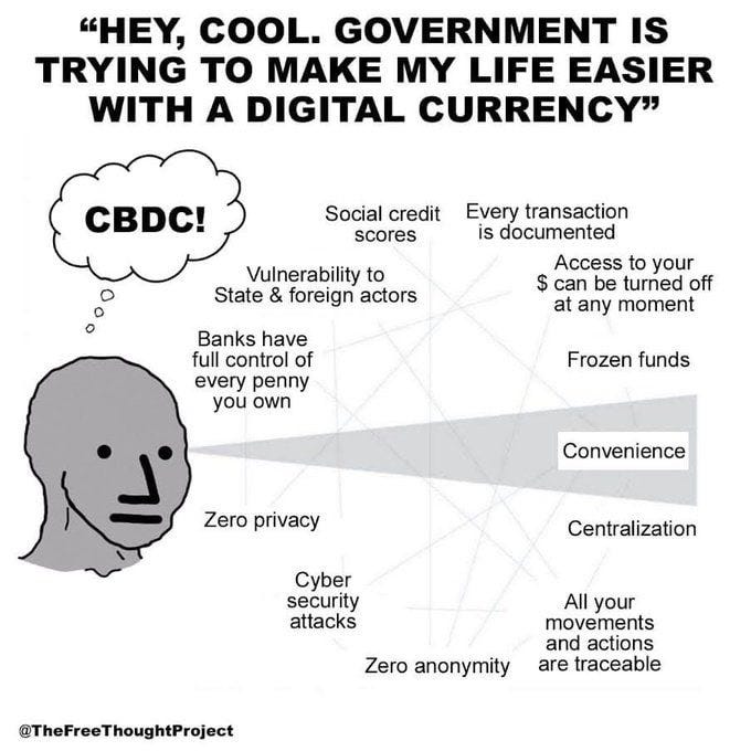 Pan ₿ on X: "Central bank digital currency (CBDC): Government control your  money. Bitcoin: You control your money. https://t.co/KnUBuR7CE8" / X