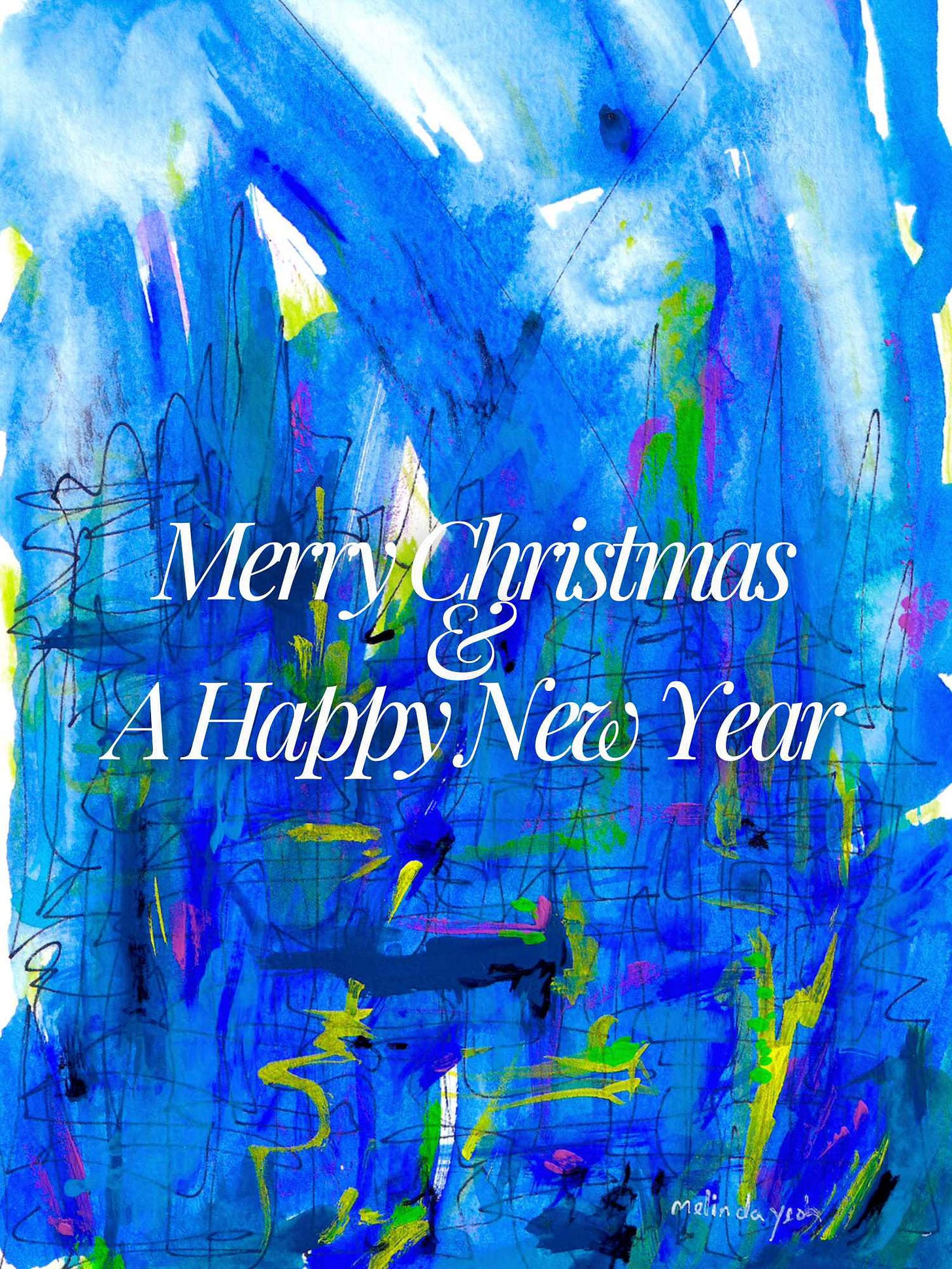 image: colourful blue abstract painting with merry Christmas and happy new year by Melinda Yeoh art