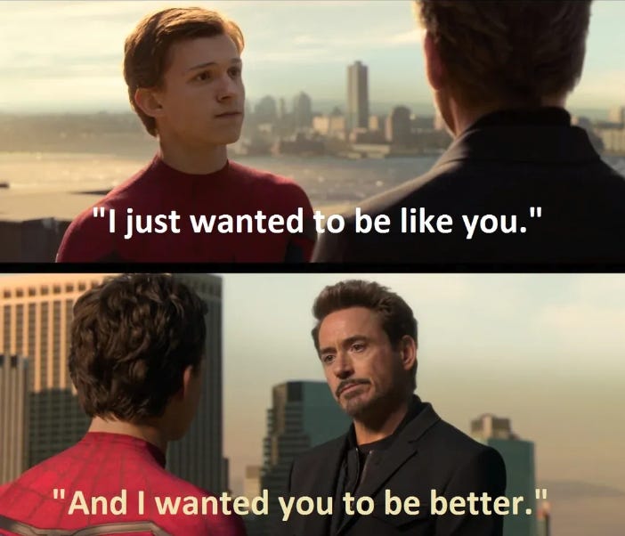 Shot reverse shot of Peter Parker and Tony Stark. Peter says, "I just wanted to be like you." Tony says, "And I wanted you to be better."