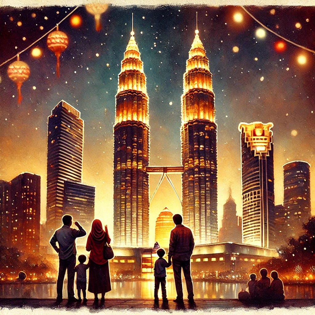 A warm watercolor painting capturing the nostalgia of the Petronas Towers in Malaysia. The scene shows the iconic twin towers glowing brightly against a twilight sky. In the foreground, a family is gathered, marveling at the view, with two parents and their children pointing at the towers. The setting has a festive, warm holiday vibe, with subtle decorative lights in the surrounding area. The painting evokes feelings of connection, nostalgia, and togetherness.