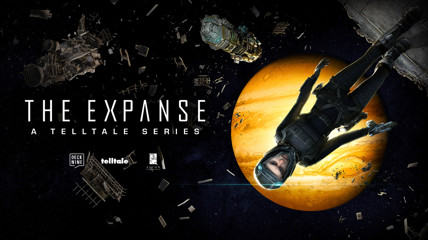 Cover for The Expanse: A Telltale Series, showing a space background full of spaceship debris, while Camina Drummer's character artwork appears against Mars in a diagonal, wearing magboots.