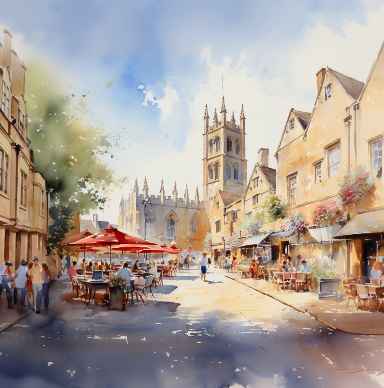 water color of a bustling high street in an English Cotswold village on a sunny June morning