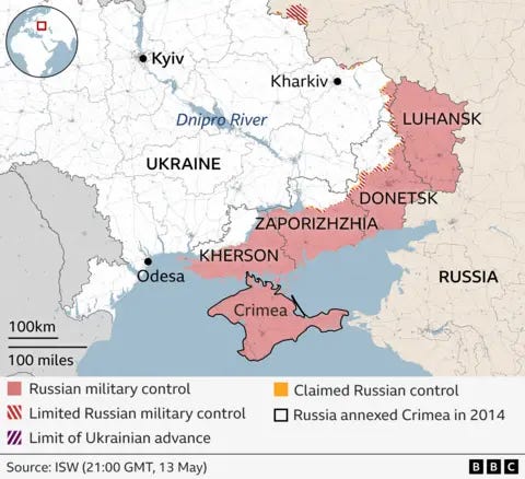 Map showing areas of control in eastern Ukraine and the areas of Kherson, Zaporizhzhia, Donetsk and Luhansk that are not under Russian control