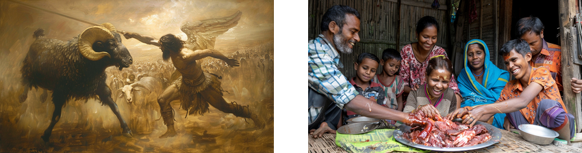 The image is divided into two parts. On the left side, a dramatic scene portrays a warrior in combat with a giant ram, illustrated with sepia tones that emphasize the epic and historical nature of the battle. On the right side, a vibrant photograph shows a smiling family gathered around a table, joyfully preparing and sharing a meal together, highlighting themes of community and celebration.