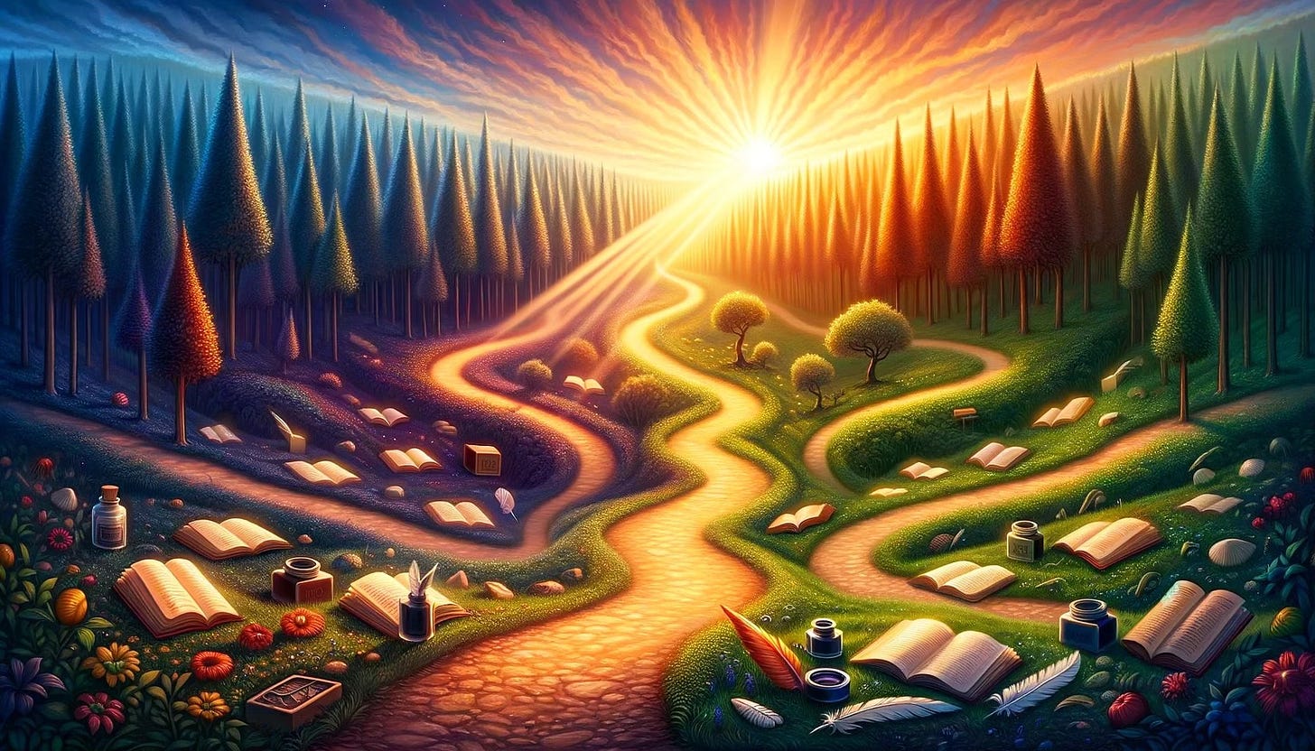 The image captures the essence of a writer's journey through a serene landscape with various paths. Each path, adorned with symbols of creativity, represents the diverse routes one can take to becoming a writer, highlighting the message that there is no single start date to this journey.