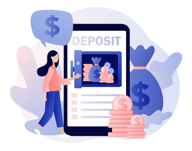 An illustration of a woman depositing her money through an app 